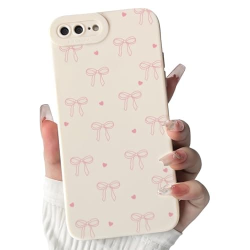 Image of NITITOP Compatible with iPhone 7 Plus / 8 Plus Case Cute Bow Ribbon Love Heart Pattern Aesthetic Bowknot Design for Women Girls Color Back Soft TPU Shockproof More Protective Cover - Pink