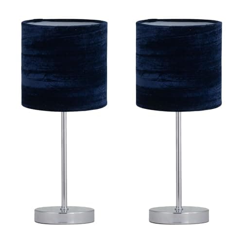 Image of firstchoicelighting Set of 2 Chrome Touch Operated Table Lamps or Bedside Lights, Modern Design, Navy Blue Crushed Velvet Shades, Height 35cm, LED Compatible