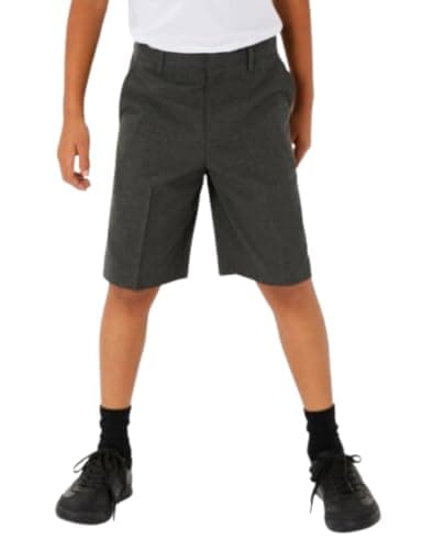 Image of KAMDIN Boys Twin Pack School Shorts with Adjustable Waist Kids School Uniform Size 2-14 Years (UK, Age, 7 Years, 8 Years, Regular, Grey)
