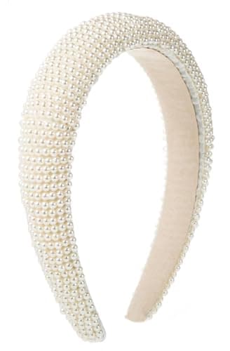 Image of scicent Headbands White Faux Pearl Hairbands Bling Rhinestone Wide Thick Hair Band Bridal Beaded Elegant Hair Styling Accessories for Women Girls 16427