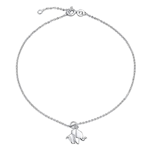 Image of 3D Geometric Origami Jewelry Animals Zoo Lucky Elephant Anklet Small Charm Dangle Ankle Bracelet For Women .925 Sterling Silver Adjustable 9 To 10 Inch