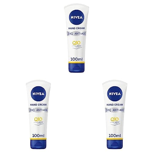 Image of NIVEA 3in1 Q10 Anti-Age Care Hand Cream (100ml), Moisturising Hand Cream Reduces the Appearance of Wrinkles with Q10 and UV Filters, NIVEA Hand Cream for 24 Hour Moisture (Pack of 3)