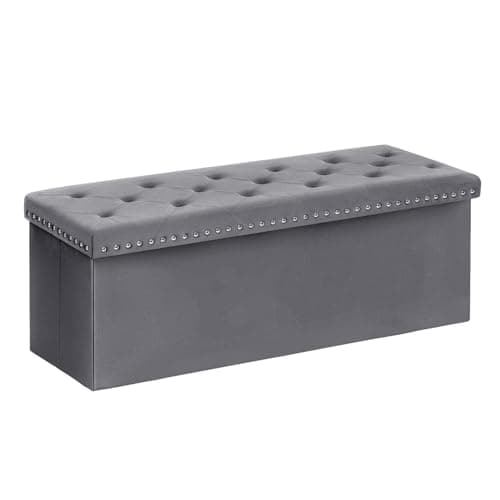 Image of Bonlife Ottoman Storage Box, Folding Tufted Ottomans with Storage, Extra Large 140L Toy Chest Footrest Bench for Bedroom, Luxury Velvet Fabric,Grey,110x40x40cm