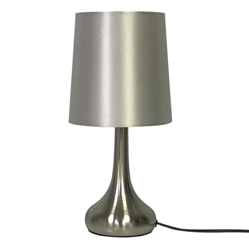 Image of Navilux Modern Chrome Teardrop Touch Table Lamps with Silver Faux Silk Shade | 4-Stage Dimmable Touch Control | LED Compatible | Minimalist Lighting for Bedroom, Living Room, Office (Single lamp)