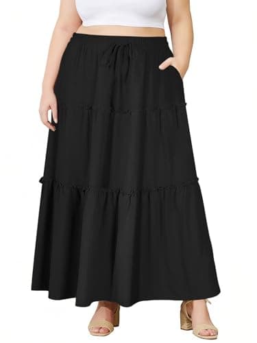 Image of Moon Wood Womens Maxi Skirts Summer High Waist Long Skirt A Line with Pockets Flowy Ladies Beach Skirts Plus Size Black 5XL