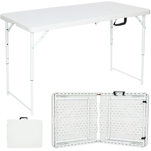 Image of Nyxi 4ft Folding Table – White Top & Legs – Adjustable Height 56–74cm – Sturdy, Waterproof & Portable – 122Lx61Wcm for Camping, BBQs, Garden, Party Use – Heavy-Duty, Easy to Store