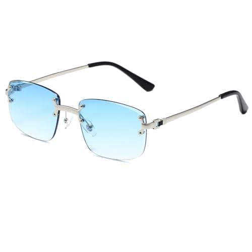 Image of Ggpyyon Retro Rimless Rectangle Sunglasses for Women Men Trendy Gold Metal Frameless Square Sun Glasses Eyewear(Silver/Gradient BLue)
