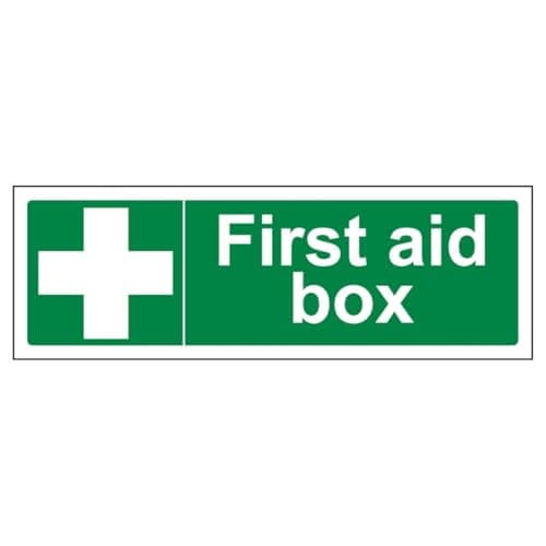 Image of V Safety First Aid Box - Landscape 300 x 100 mm - 2mm Super-Tough Rigid Plastic Safety Sign