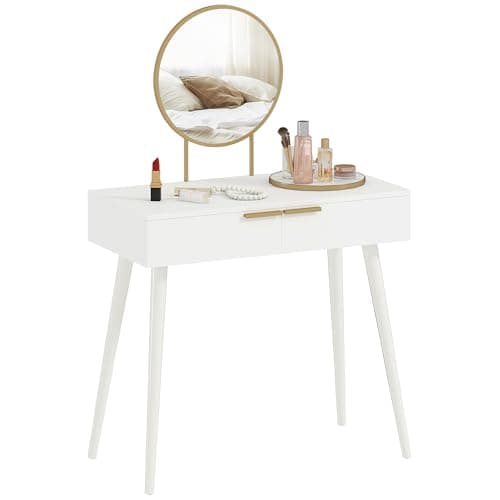Image of HOMCOM Modern Dressing Table with Round Mirror, Makeup Vanity Table with 2 Drawers for Bedroom, Living Room, 80 x 40 x 123 cm, White