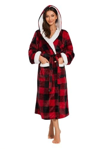 Image of iniber Dressing Gown for Women, Soft Plush Fleece Hooded Bathrobe Plush Loungewear