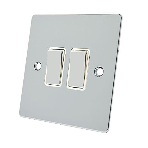 Image of Alliance Electrical FPC2GSWIWC 10 A 2 Gang 2 Way White Insert Flat Metal Rocker Light Switch - Polished Chrome