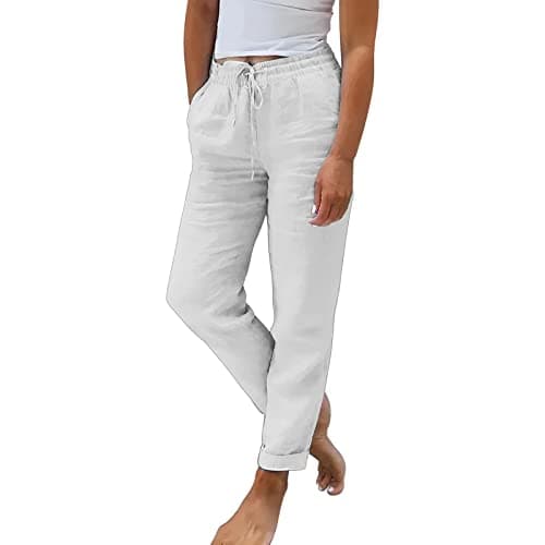 Image of Generisch Linen Trousers Women's Casual Trousers Lightweight Breathable Linen Trousers Plain Elegant Jogging Bottoms Straight Leg Trousers with Drawstring Pockets Modern Leisure Fashion Summer