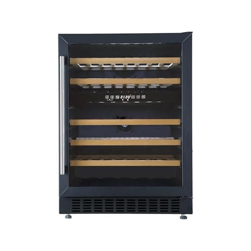 Image of Cookology CWC605BK 60cm Freestanding Wine Cooler Fridge, Built Under Counter with Digital Dual Temperature Zones, LED Light, Anti UV Glass, 46 Bottle, 129 Litre Capacity - in Black