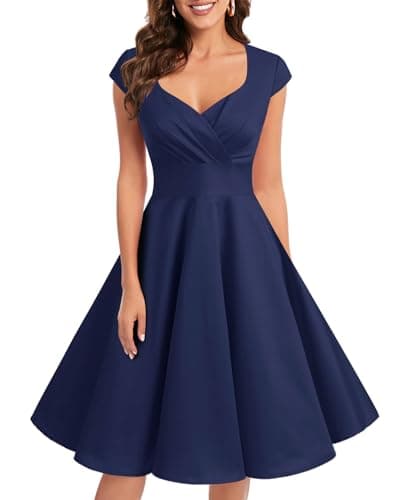 Image of bbonlinedress Women's 50s 60s A Line Rockabilly Dress Cap Sleeve Vintage Swing Party Dress Navy XL