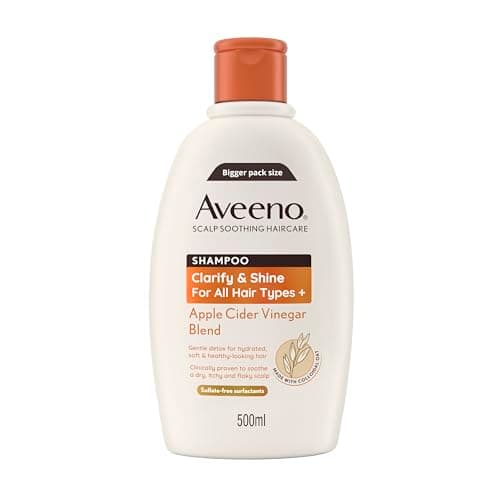 Image of Aveeno Scalp Soothing Haircare Clarify & Shine Shampoo, Apple Cider Vinegar Blend, for All Hair Types, Soothes Dry, Itchy & Flaky Scalp, Clinically Proven, Sulfate Free, 500ml
