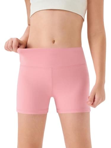 Image of Haloumoning Girls' Shorts, Summer Short Leggings, Children's Plain High Waist Cycling Shorts, Yoga, Dance, Gym, Sports Leggings, Under Skirt, Short Trousers, 5-14 Years, Pink, 9-10 Years