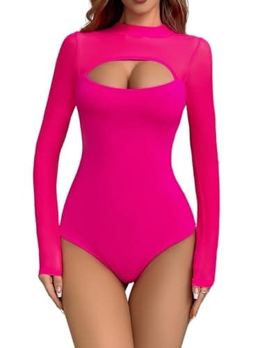 Image of EVELIFE Women's Bodysuit Sexy Long Sleeve Cut out Top Ladies Sheer Mesh Turtle Neck Stretchy Basic Leotard(Pink,M)
