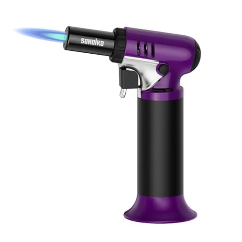 Image of Sondiko Kitchen Blow Torch with Fuel Gauge S907, Refillable Soldering Torch Lighter with Safety Lock and Adjustable Flame for Desserts, Creme Brulee, Welding, Purple & Black (Butane Not Included)