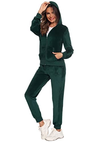 Image of Orshoy Women Tracksuit Set Ladies Velvet Long Sleeve Zip Up Hoodies Sweatpants 2 Piece Sports Outfits Velour Loungewear Casual Sweatsuits Dark green S