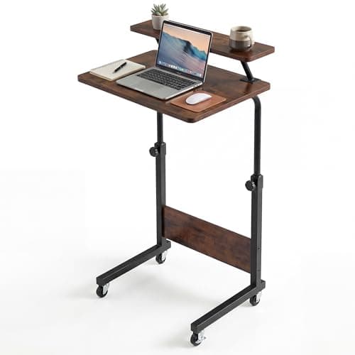 Image of YITAHOME Mobile Computer Desk, Height Adjustable Desk with Wheels, Portable Small Office Desk with Storage Shelf, Over Bed Table, Standing desk, Vintage Brown