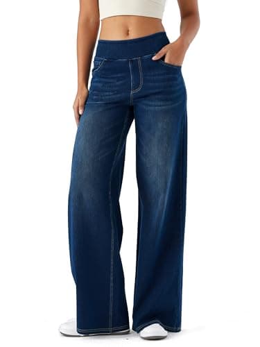 Image of LaiEr Large Denim Wide Leg Pants for Women,High Waisted and Slimming with Multiple Pockets,Straight Tube,Loose fit,Cat Whisker,Marbling wash Craft,High Elasticity Casual Jeans(DarkBlueNostalgicL)