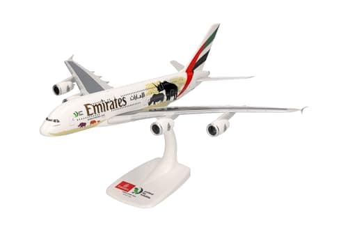 Image of Herpa Snap-Fit airplane model Emirates Airbus A380 "United for Wildlife", on a scale of 1:250, plastic miniature with pedestal, collectors edition