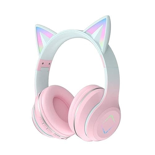 Image of Usoun Cartoon Bluetooth Headphones, Cat Ear Bluetooth Headphones with LED Light, SD Card Slot, 3.5mm Jack, Wireless/Wired Foldable for Boys Girls and Adults (Grey Pink)