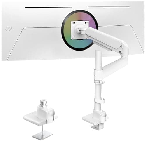 Image of Ergounion Heavy Duty Monitor Arm for 13-49 Inch Ultrawide Screens, Holds Up to 44lbs, Fully Adjustable Single Monitor Mount, with Clamp & Grommet Base, 75/100mm VESA Desk Mount, White