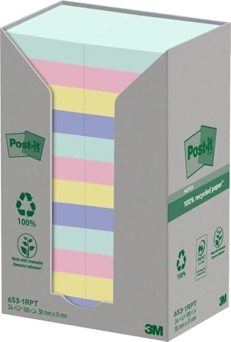 Image of Post-it Recycling Notes Assorted Colours, Pack of 24 Pads, 100 Sheets per Pad, 38 mm x 51 mm, Green, Pink, Yellow, Blue - Self-Stick Notes Made from 100% Recycled Paper