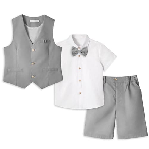 Image of LOLANTA 4PCS Page Boy Outfit, Boys Wedding Suit, Kids Gentleman Waistcoat Shorts Suit Set, Linen Summer Waistcoat Set, Christening Ceremony Prom Birthday Partywear, Light Grey, 5-6 Years, 120