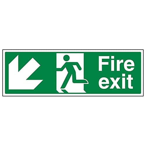 Image of V Safety Fire Exit - Fire Exit Arrow Down Left - 300 X 100mm Restickable Sign, White, 14005AX-SSW