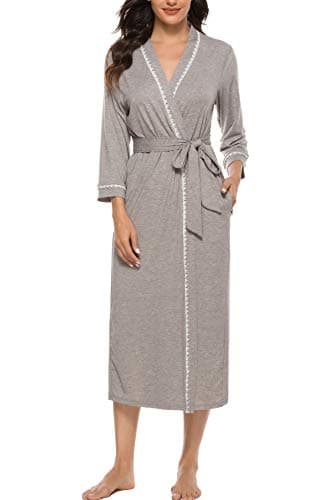 Image of Vlazom Womens Dressing Gown Soft Kimono Robe V-Neck Long Knit Bathrobe Nightwear Sleepwear for All Seasons, Grey, M