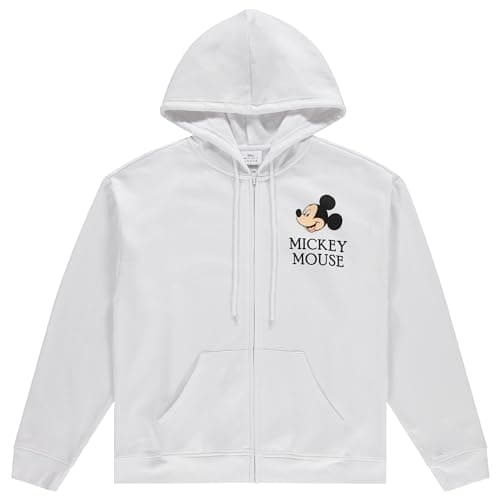 Image of Disney Ladies Mickey Mouse Fashion Hoodie Mickey and Minnie Mouse Classic Zip Up Hoodie Sweatshirt, White, S