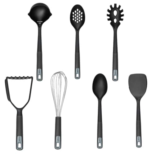 Image of Prestige Utensils Set of 7 – Silicone Kitchen Utensils Set – Turner, Spoon, Slotted Spoon, Spaghetti Spoon, Potato Masher, Whisk, Ladle