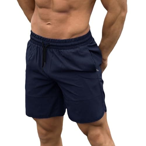 Image of DEHORU Mens Running Shorts Zipper Pockets Sports Gym Shorts Breathable Lightweight Summer Training Shorts Beach Shorts(DB M) Dark Blue