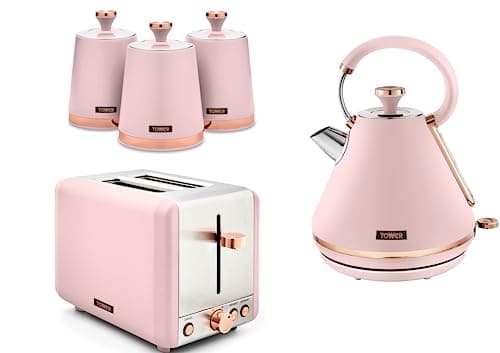 Image of Tower Cavaletto Pink 1.7L 3KW Pyramid Kettle, 2 Slice Toaster & Tea, Coffee & Sugar Canisters. Matching Kitchen Set in Marshmallow Pink & Rose Gold
