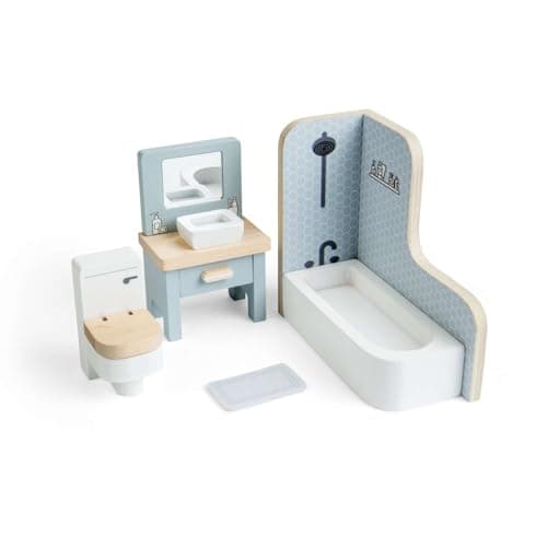 Image of Bigjigs Toys Bathroom Set | Wooden Dolls House Furniture | Kids Toy Bathroom Accessories for Dollhouse | Miniature Bath, Sink & Toilet Figure Set | Doll Room Playset | Gifts for 3+ Year Old Children
