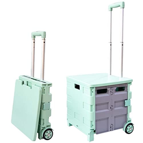 Image of 25kg Folding Shopping Trolley Storage Boot Cart Box | Collapsible Trolley with Lid | Portable Cart with Telescopic Handle | Multipurpose Utility Cart for Laundry, Sports, Crafts (Blue and Grey)