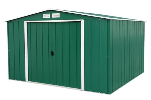 Image of Duramax ECO 10' x 10' Hot-Dipped Galvanized Metal Garden Shed - Green with Off-White Trimmings - 15 Years Warranty