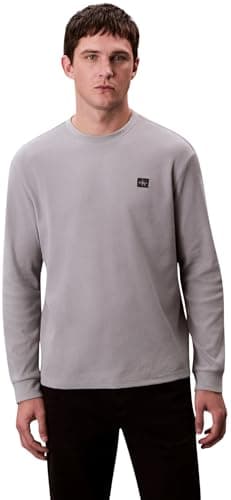 Image of Calvin Klein Men’s Waffle Badge Long Sleeve Top with Round Neck, Grey (Formal Gray), M