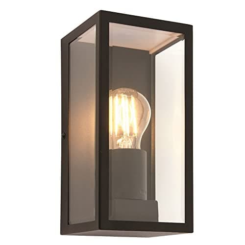 Image of National Lighting Outdoor Wall Light - Matt Black Stainless Steel Boxed Lantern with Glass Panels - IP44 Rated Outside Light - Compatible with 28W 240V E27 Eco GLS or LED E27 (Not Included)