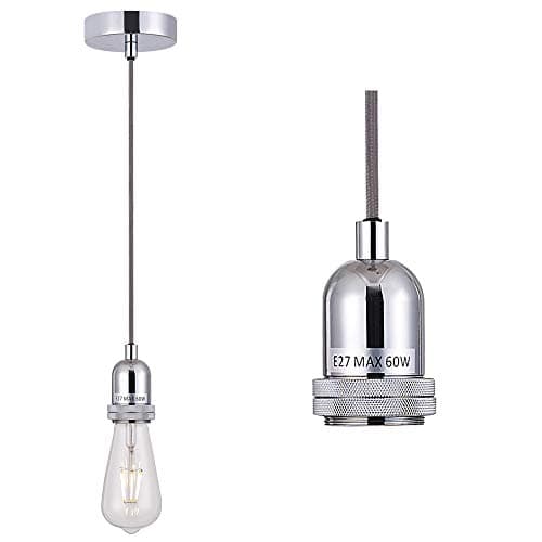Image of SHINY STAR Pendant Fitting Chrome Ceiling Light Fitting, Vintage Metal Ceiling Rose with Braided Flex Cable and Metal E27 Lamp Holder KIT Accessary HT201CH