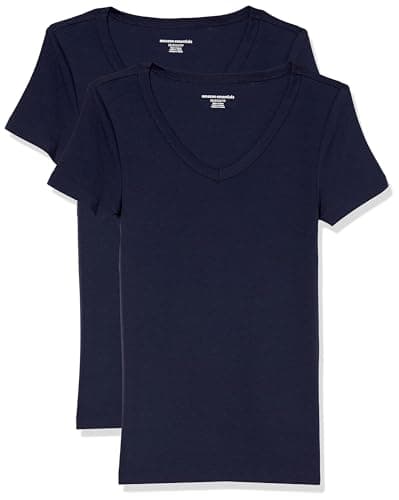 Image of Amazon Essentials Women's Slim-Fit Short-Sleeve V-Neck T-Shirt, Pack of 2, Navy, S