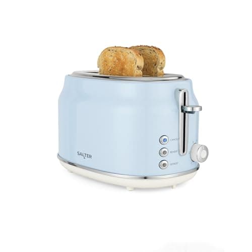 Image of Salter Retro Blue 2-Slice Toaster - Wide Slots, 6 Browning Levels, Defrost, Reheat & Cancel, High-Lift Eject, Removable Crumb Tray, Self-Centring, Anti-Jam Function, For Bagels, Vintage Design, 815W