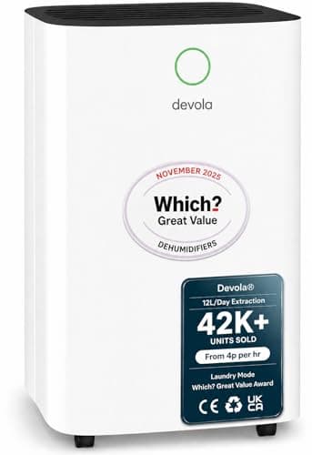 Image of Devola 12L/day Low Energy Dehumidifier, Quiet & Energy Efficient (costs less than 5p per hour) Dehumidifiers for Home, Laundry Drying Dehumidifier, Dust Filter -WHICH? GREAT VALUE AWARD