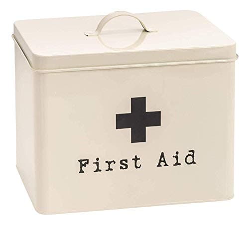 Image of Harbour Housewares Vintage Metal First Aid Box - 29cm - Cream - Medical Storage Tin with Airtight Lid, Handle & 2-Tier Removable Organiser Tray - Steel Medicine Storage Plasters, Pills & Essentials