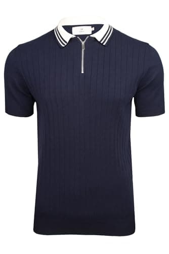 Image of Xact Men's Knitted Polo Shirt – 100% Cotton, Short Sleeve Smart Casual Jacquard Knit Top, Textured Knitwear with Button Neck - Evening Dusk - L