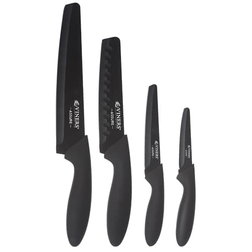 Image of Viners Assure 4 Piece Knife Set Stainless Steel Blades with Squared Tips for Safety, Soft Grip Handles, Non-Stick Coating, Rust-Resistant, Includes Chef’s, Santoku, Utility & Paring Knives
