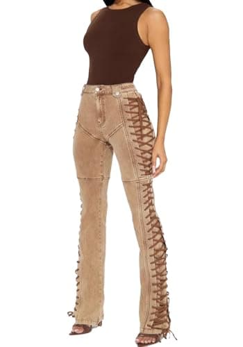 Image of HuiSiFang Women Straight Leg Jeans Casual Y2k High Waisted Lace UP Split Hem Jeans Slim Fit Trendy Denim Pants, Beige, S