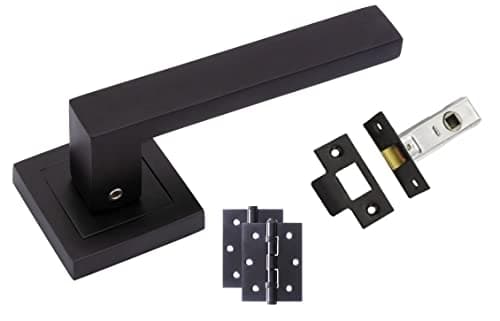 Image of Golden Grace Delta Door Handles on Square Rose in Stunning Matte Black Finish Complete with 1 Pair of 3" Ball Bearing Hinges & 64mm Tubular Latch - 1 Pair